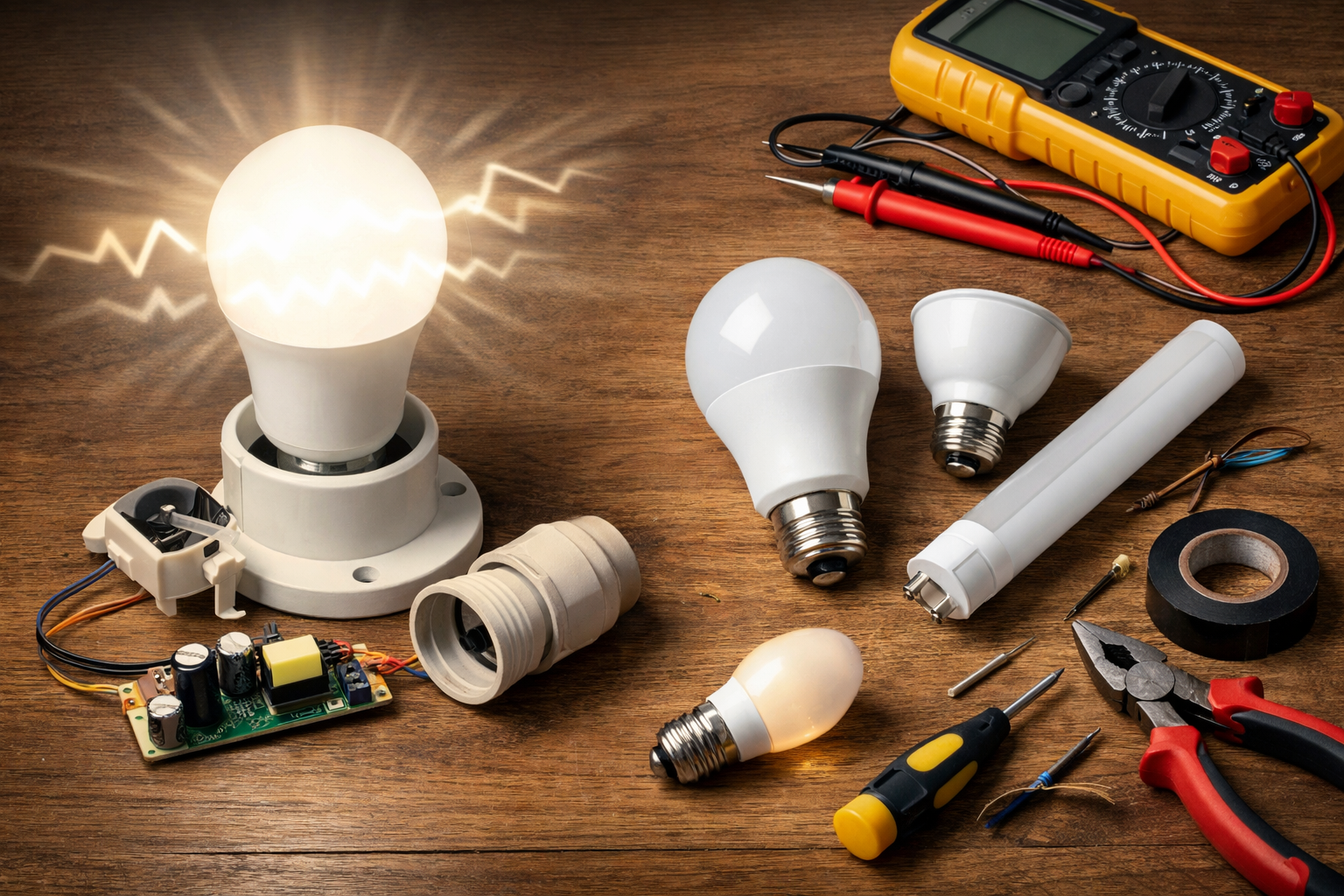 LED lights flickering bulb with repair tools on wooden surface