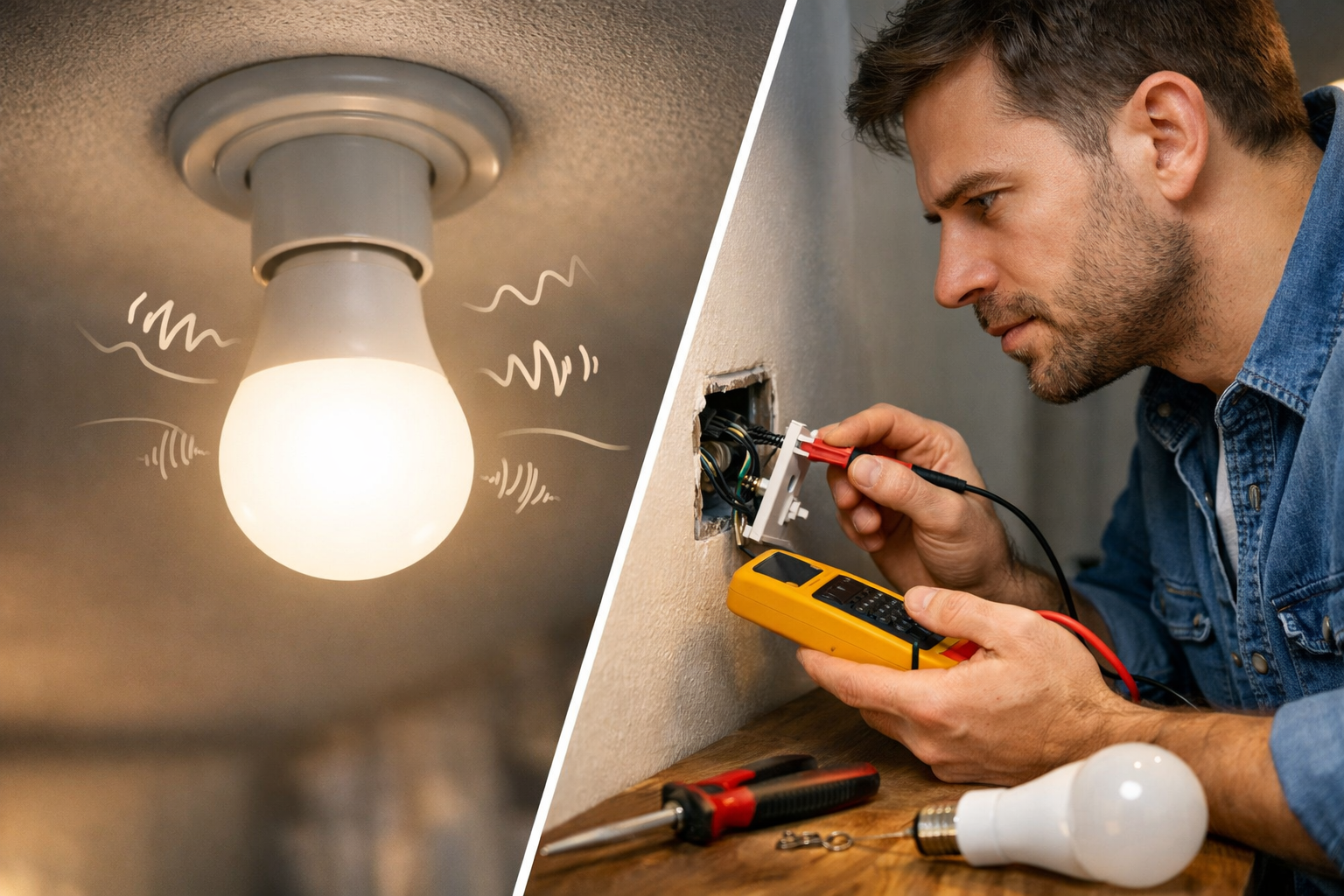 LED bulb buzzing while a person checks wiring with a multimeter to fix humming light issue