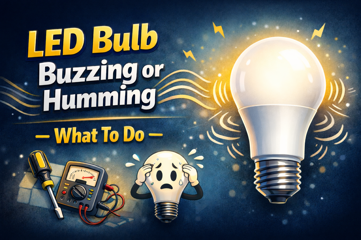 LED bulb buzzing with sound waves and tools illustrating humming light fix
