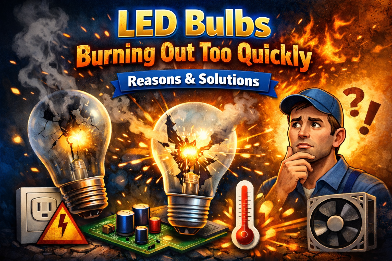 LED Bulbs burning out illustration showing overheating and electrical failure problem
