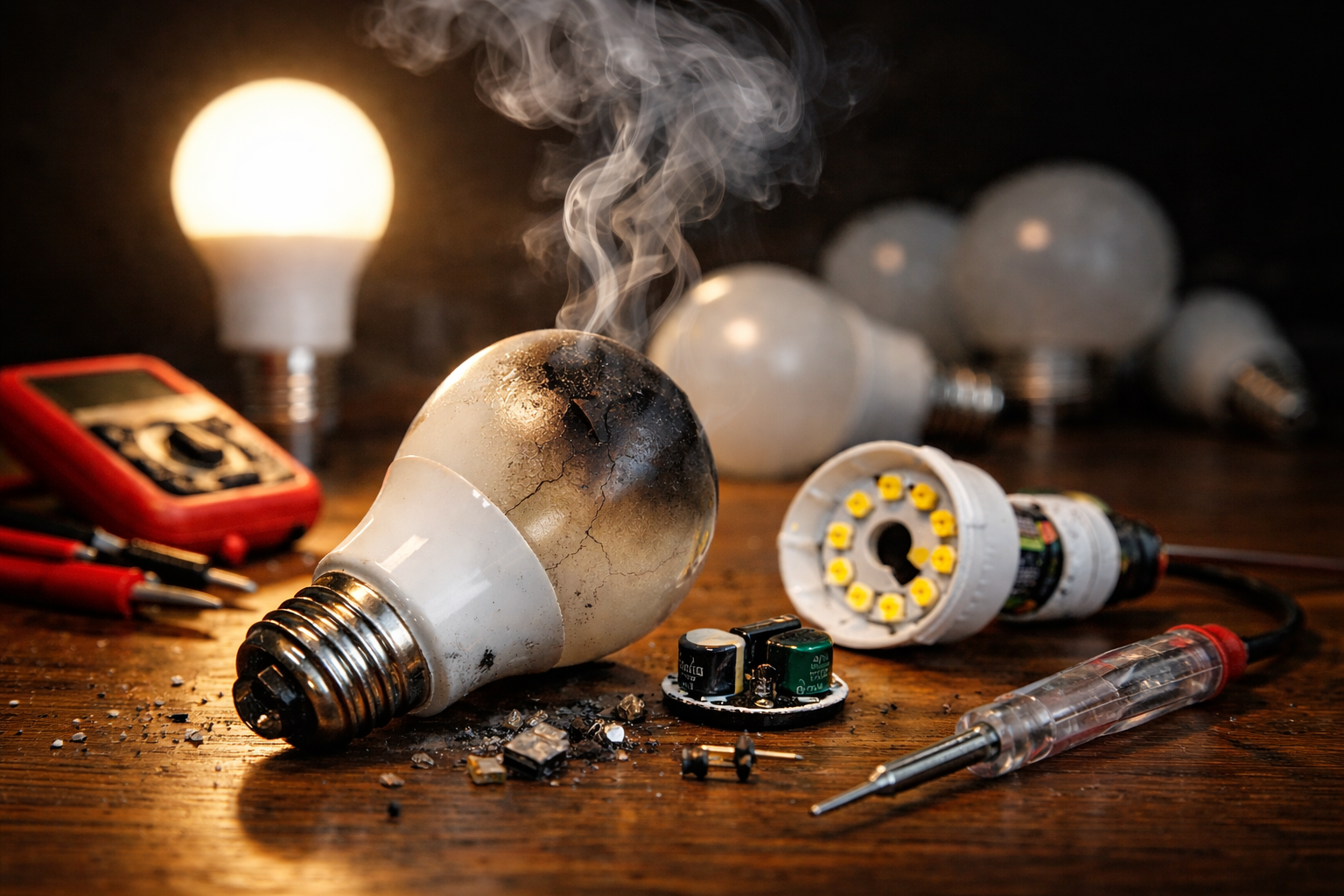 LED bulbs burning out on workbench with exposed components and tools, showing LED bulb failure and overheating damage