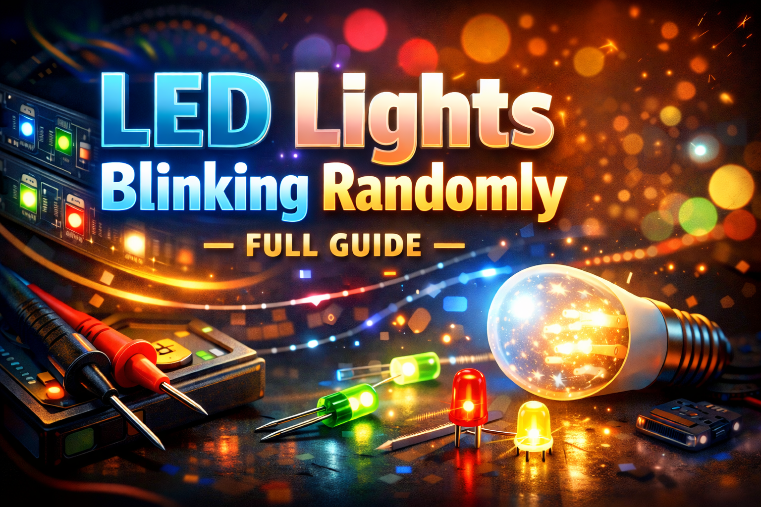 LED lights blinking randomly troubleshooting guide banner with glowing LED bulbs and electronics tools