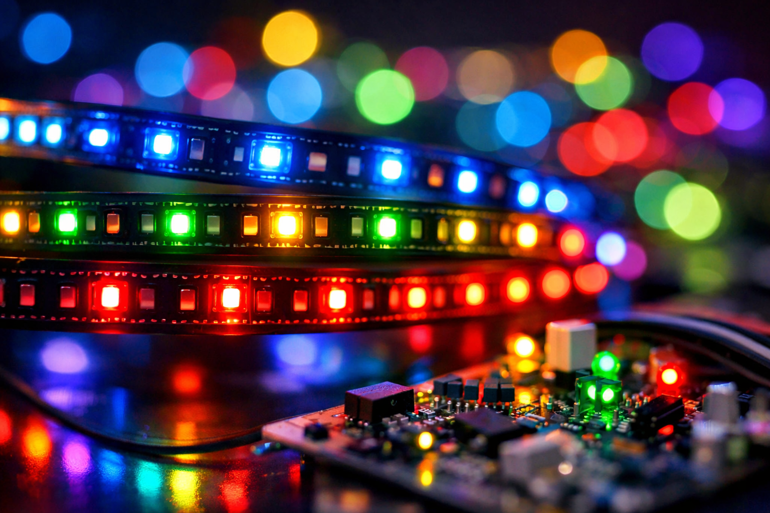 Random blinking LED strip lights with colorful circuit board background