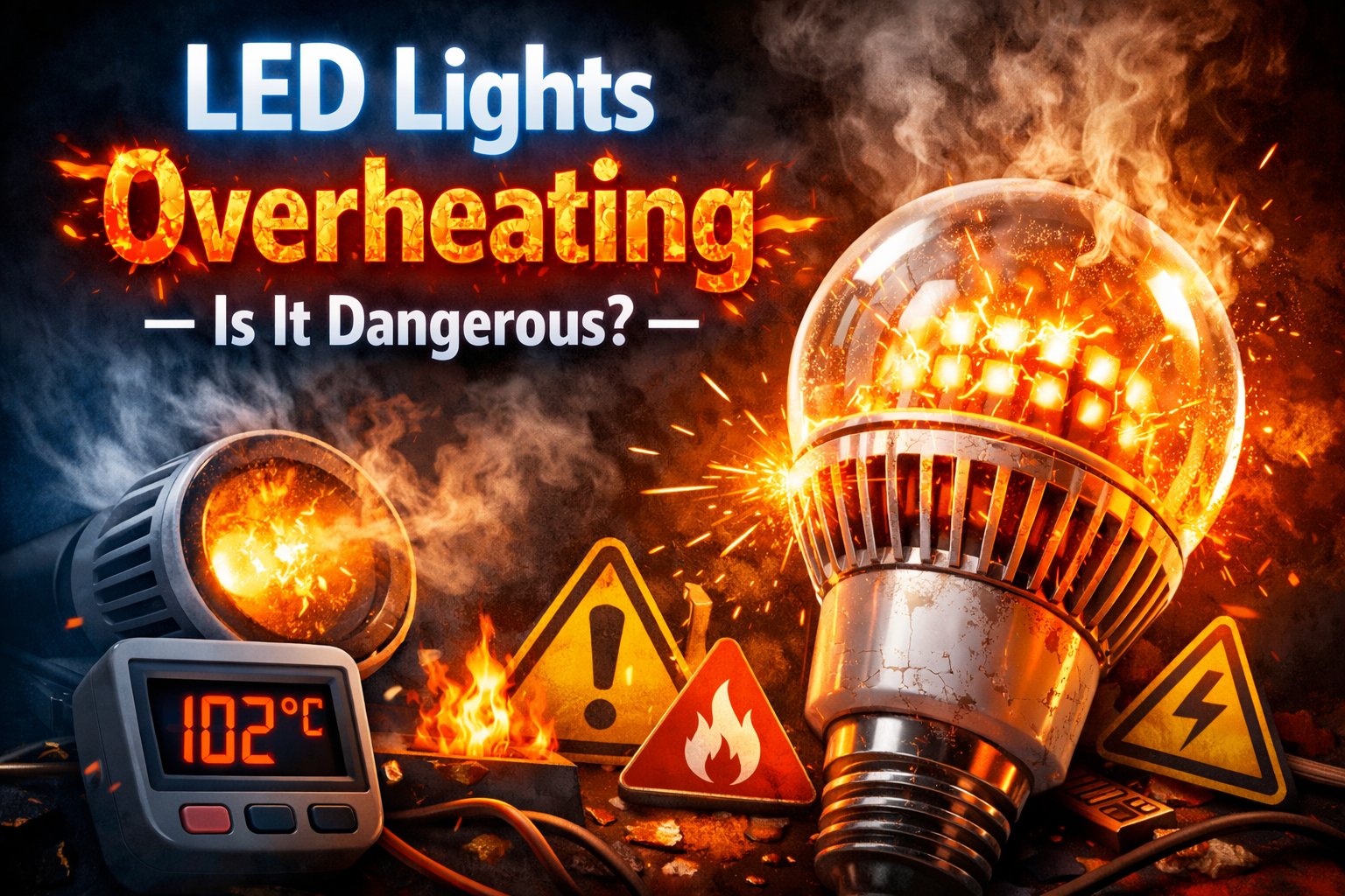 LED lights overheating bulb with sparks and warning signs