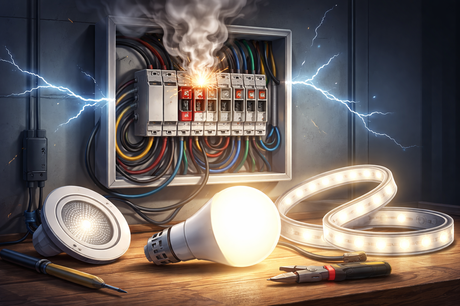 LED lights tripping breaker causing circuit breaker trip in electrical panel