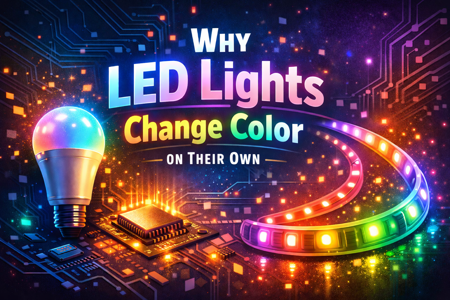 LED lights change colors on circuit background