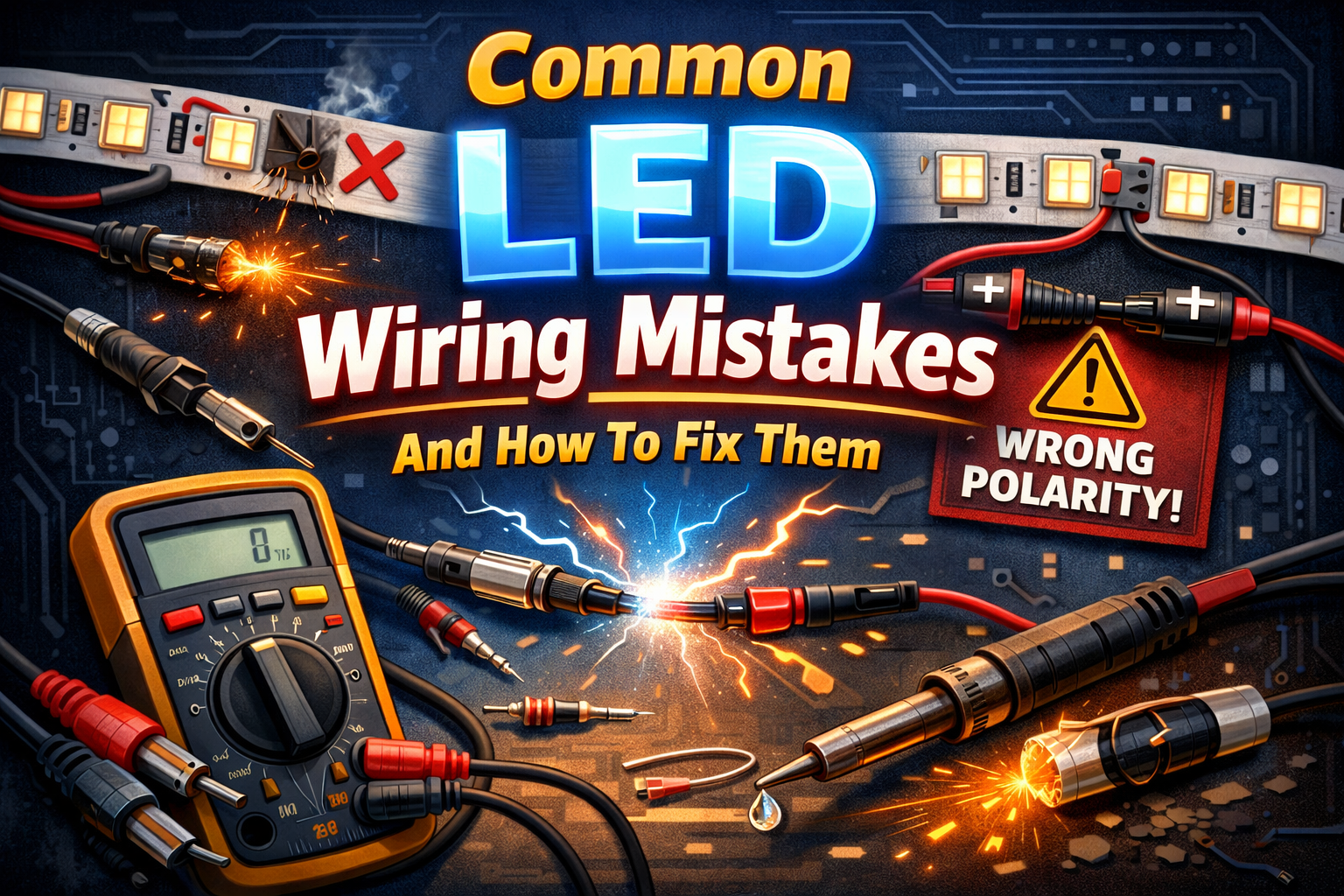 Common LED wiring mistakes with damaged strip lights and incorrect polarity connection