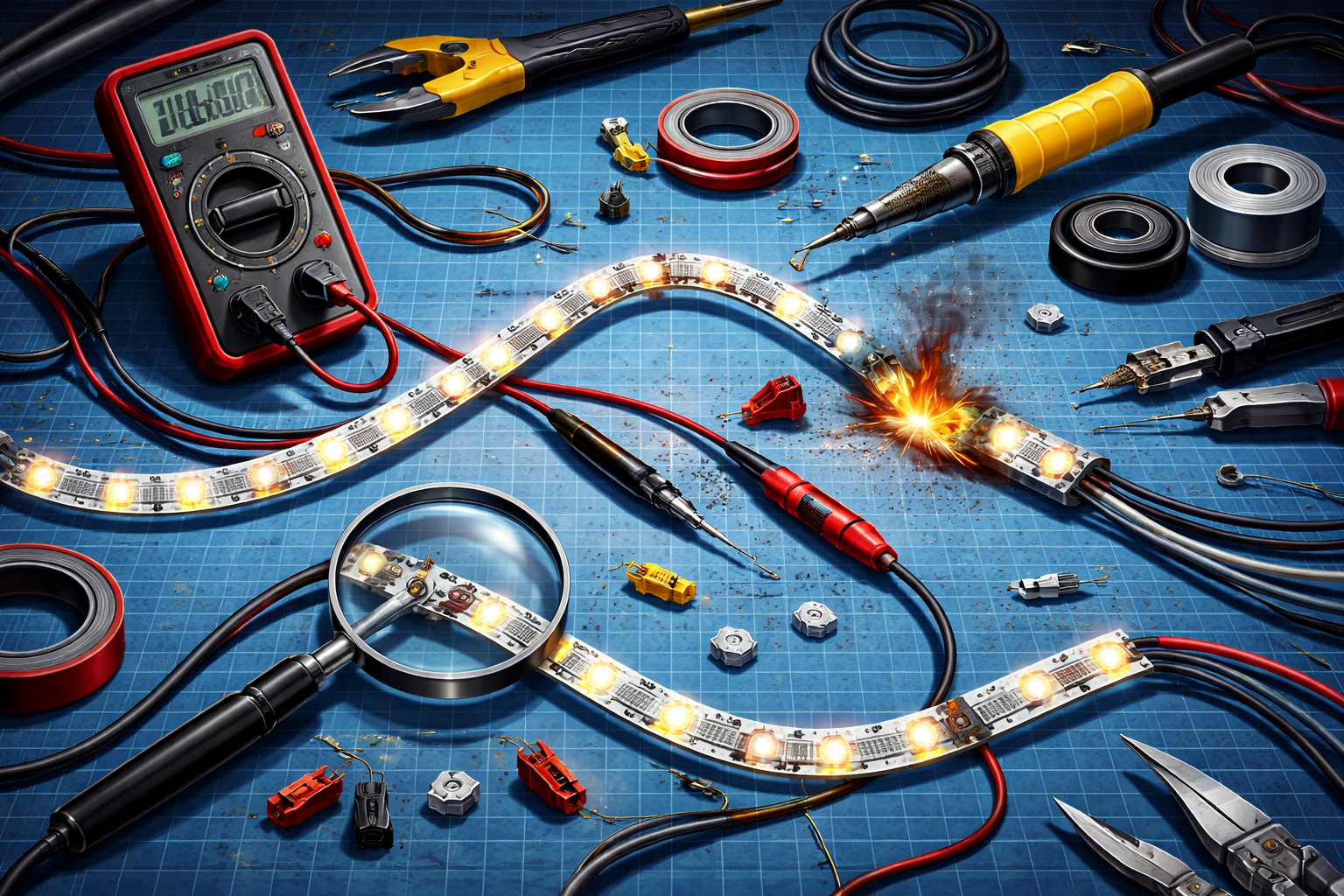 Common LED wiring mistake with damaged strip and repair tools on an electronics workbench