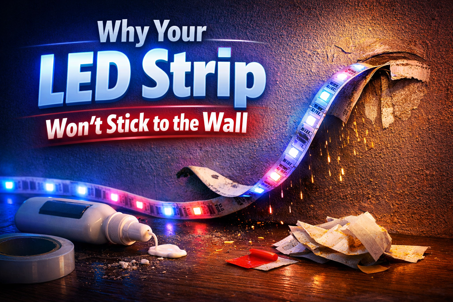 LED strip won't stick falling off wall due to adhesive failure