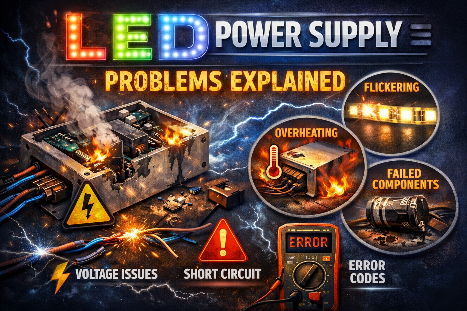 Damaged LED driver failure power supply with sparks and overheating components