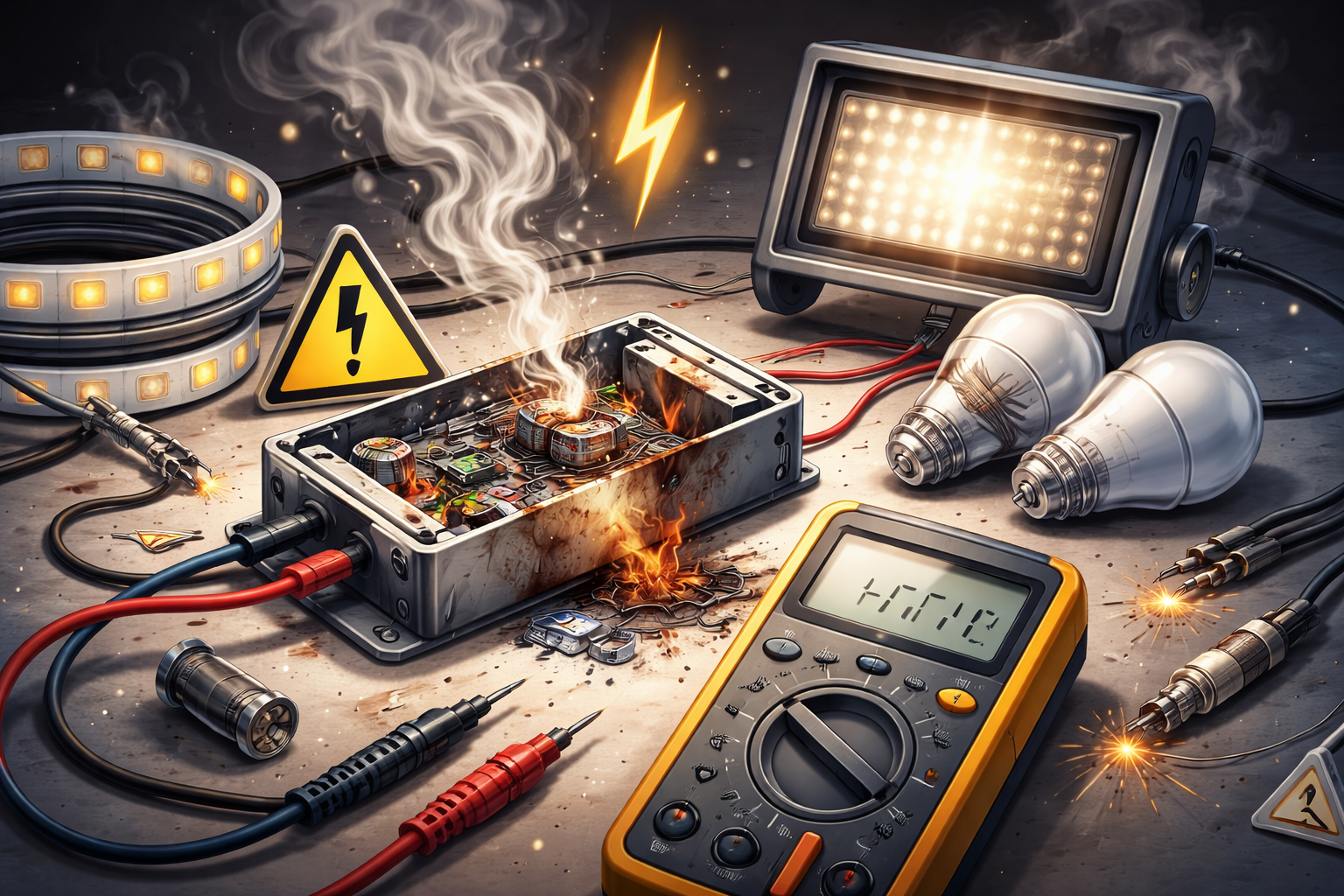 Burnt LED driver failure power supply with damaged wiring and flickering lights