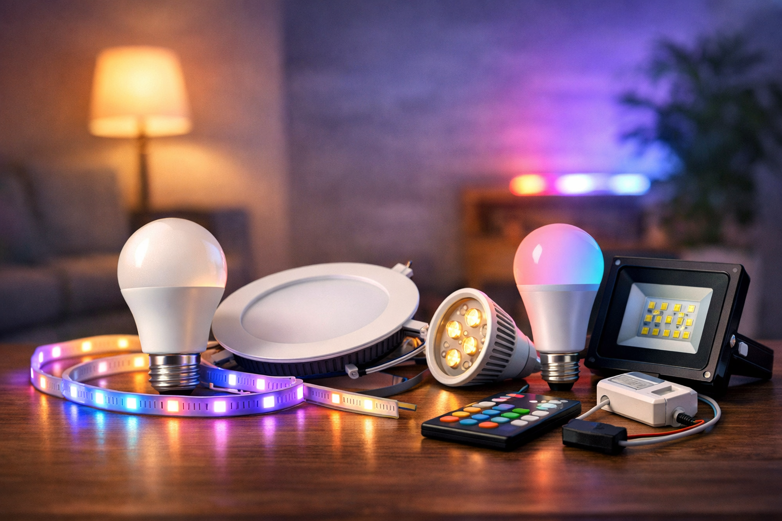 Beginner LED lighting setup with bulbs, LED strip, and spotlight kit