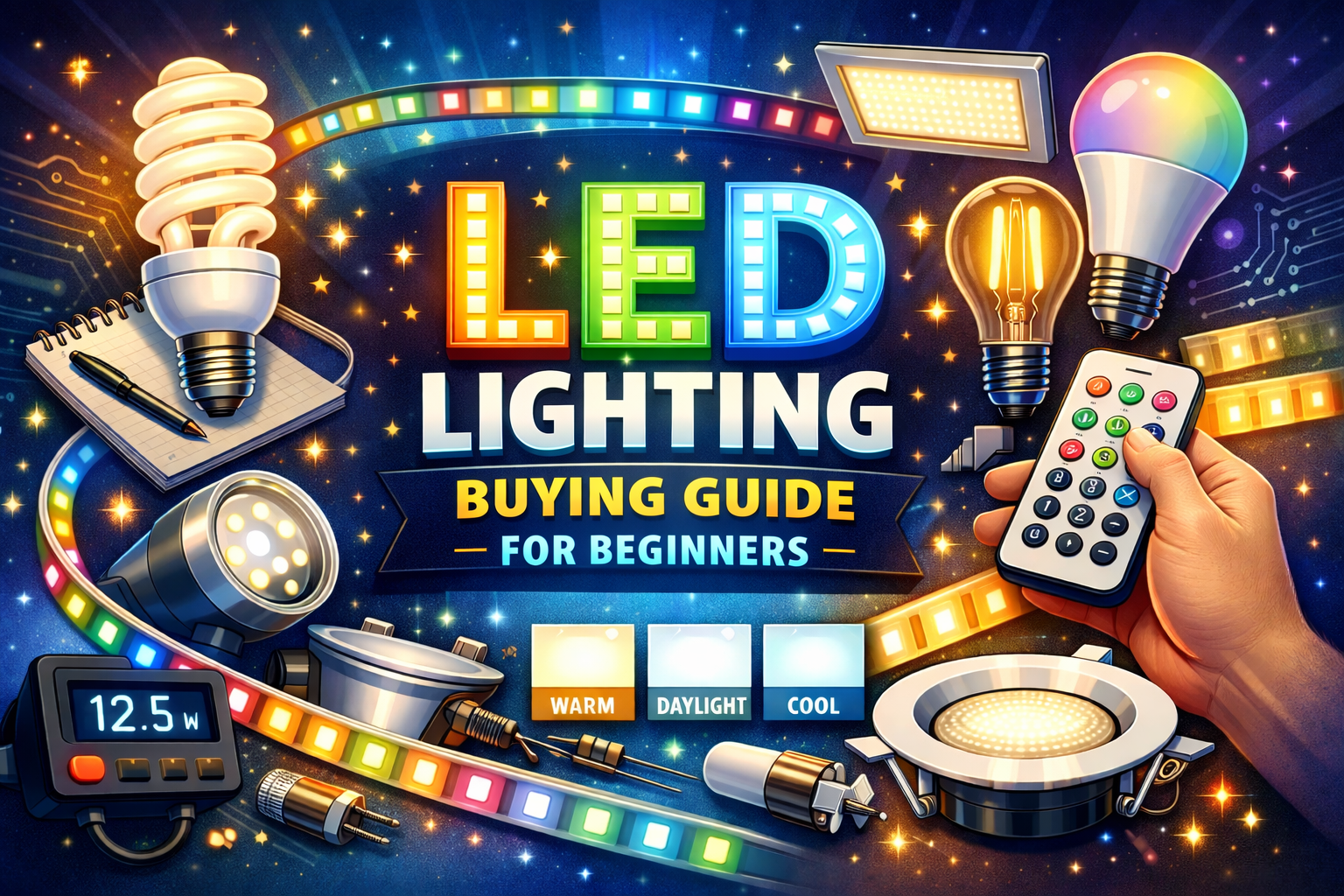 LED lighting buying guide for beginners showing LED bulbs, strip lights, and color temperature options