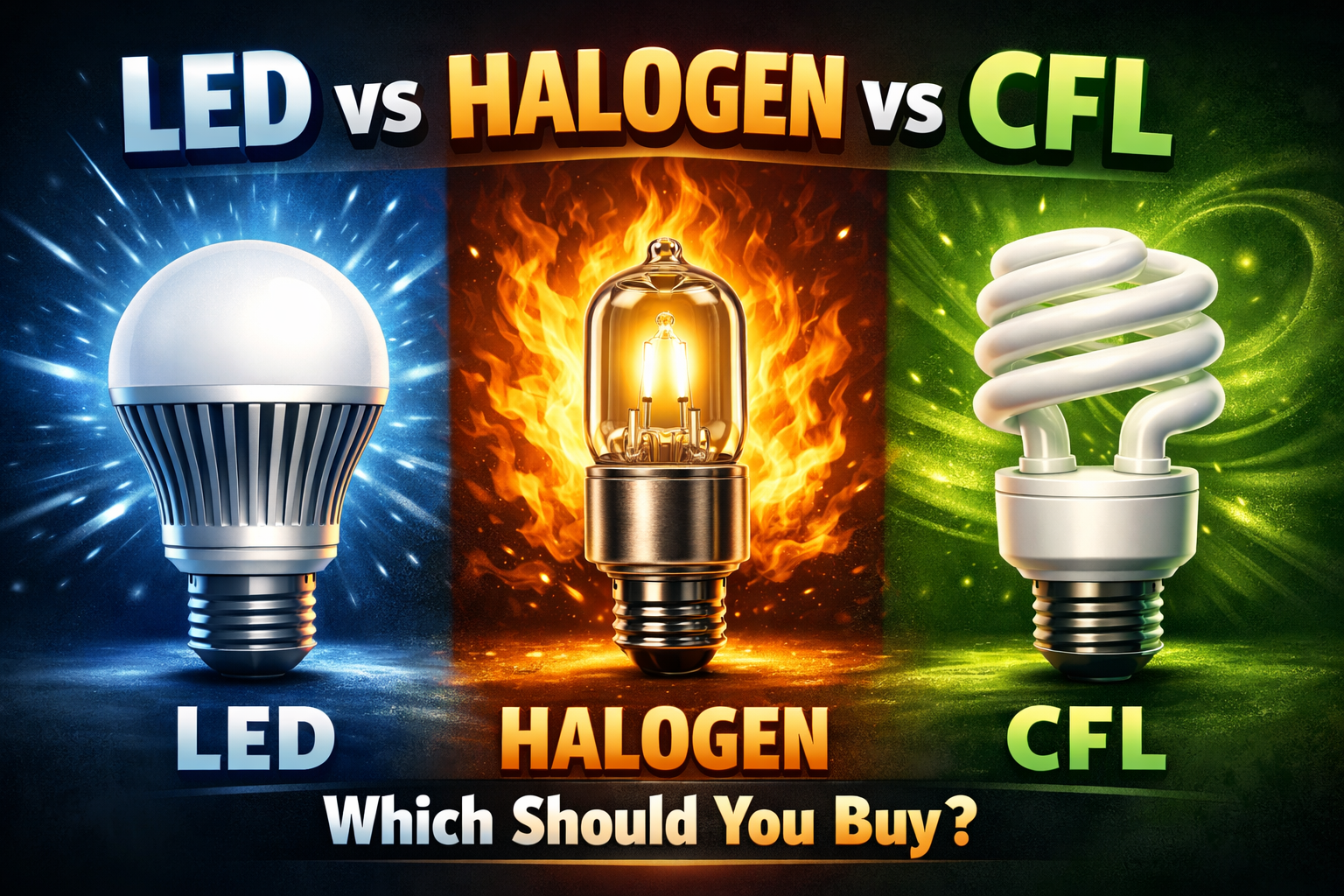 LED vs halogen vs CFL light bulb comparison illustration