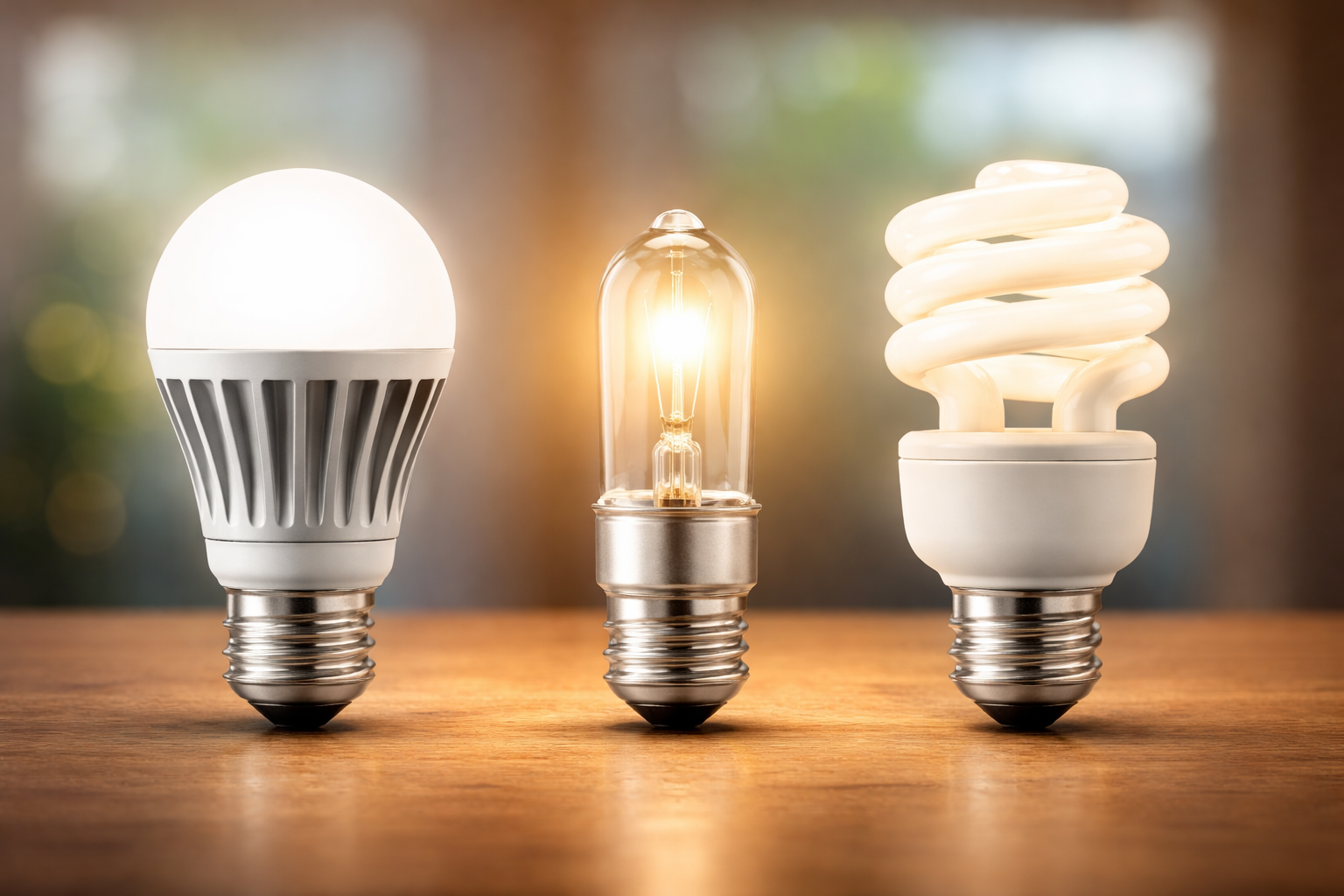 LED, halogen and CFL light bulbs side by side on wooden surface