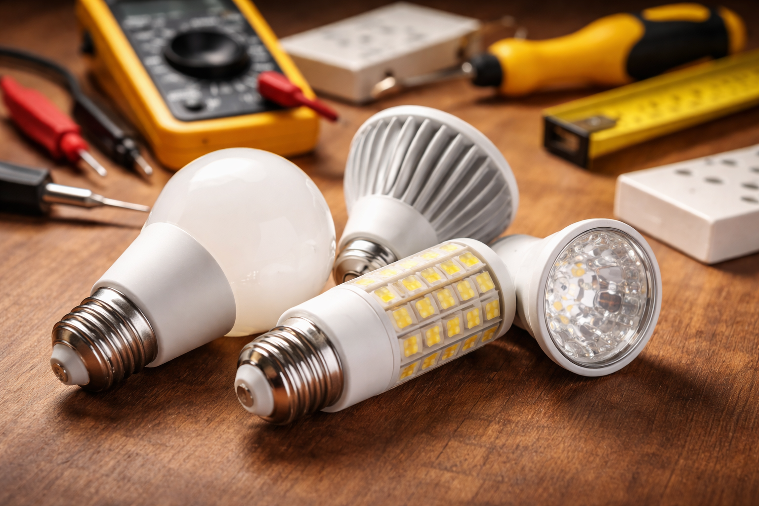 Different LED light bulb comparison on table close-up