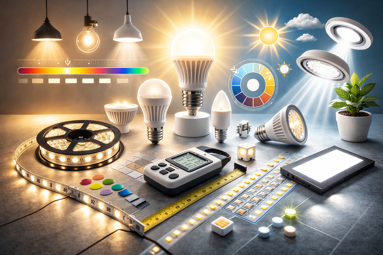 LED lighting terms concept illustration showing bulbs, color temperature scale, efficiency tools and lighting components for shoppers guide