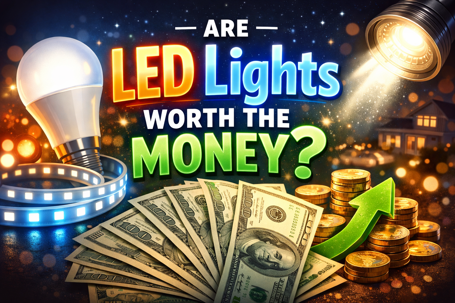 LED bulbs cost savings comparison with money and energy efficiency concept illustration, are led lights worth it