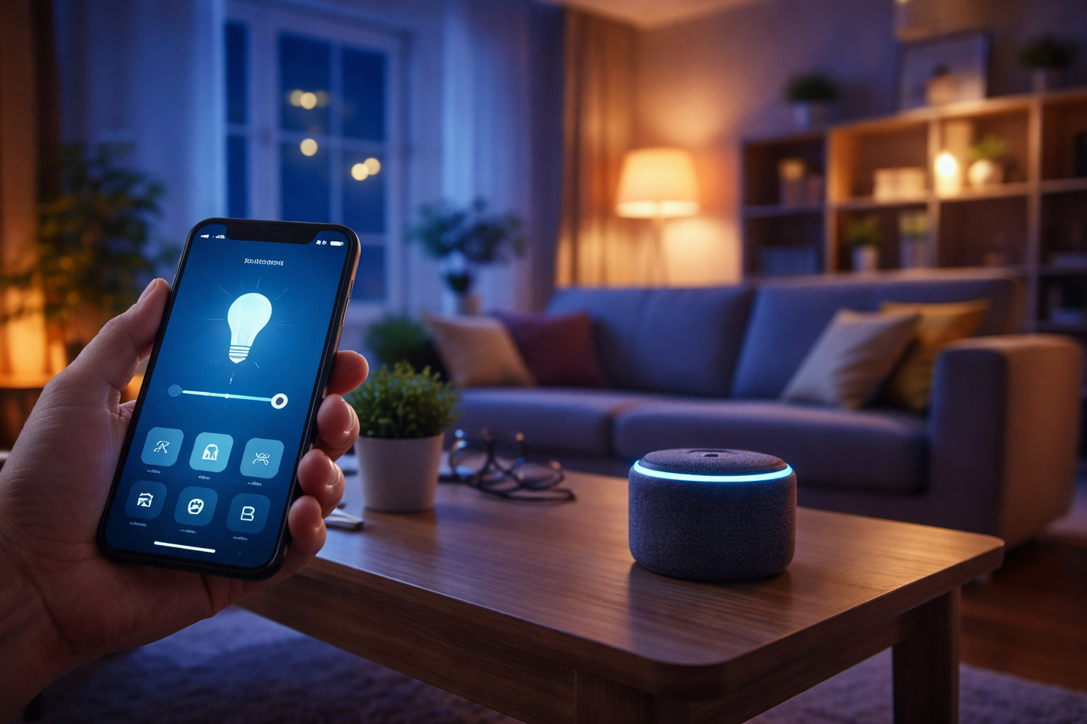 Smart home lighting automation controlled from smartphone in modern living room