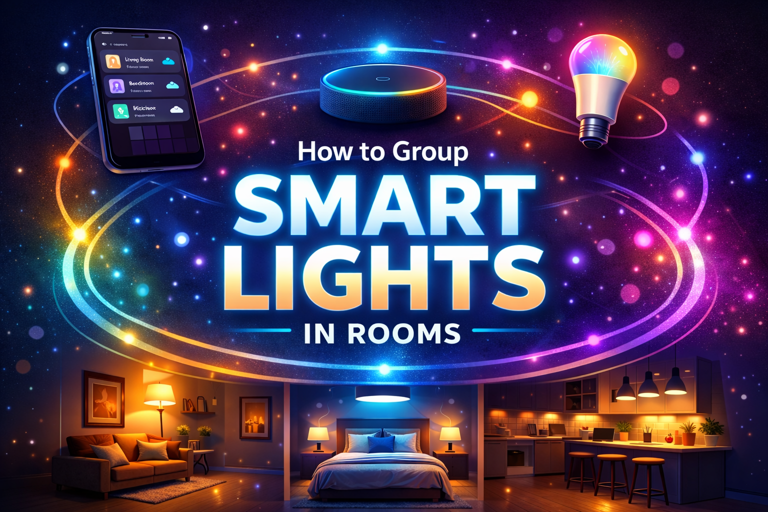 Smart home app grouping smart lights across living room, bedroom, and kitchen