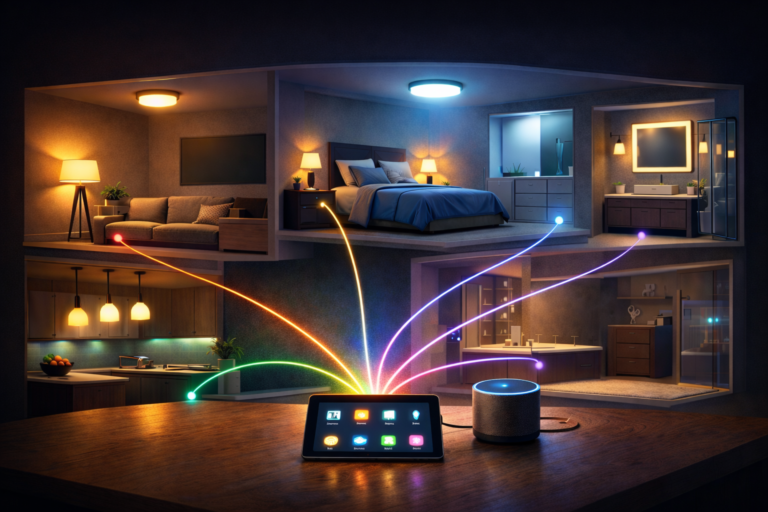 Smart home lighting grouped by room controlled from tablet and speaker