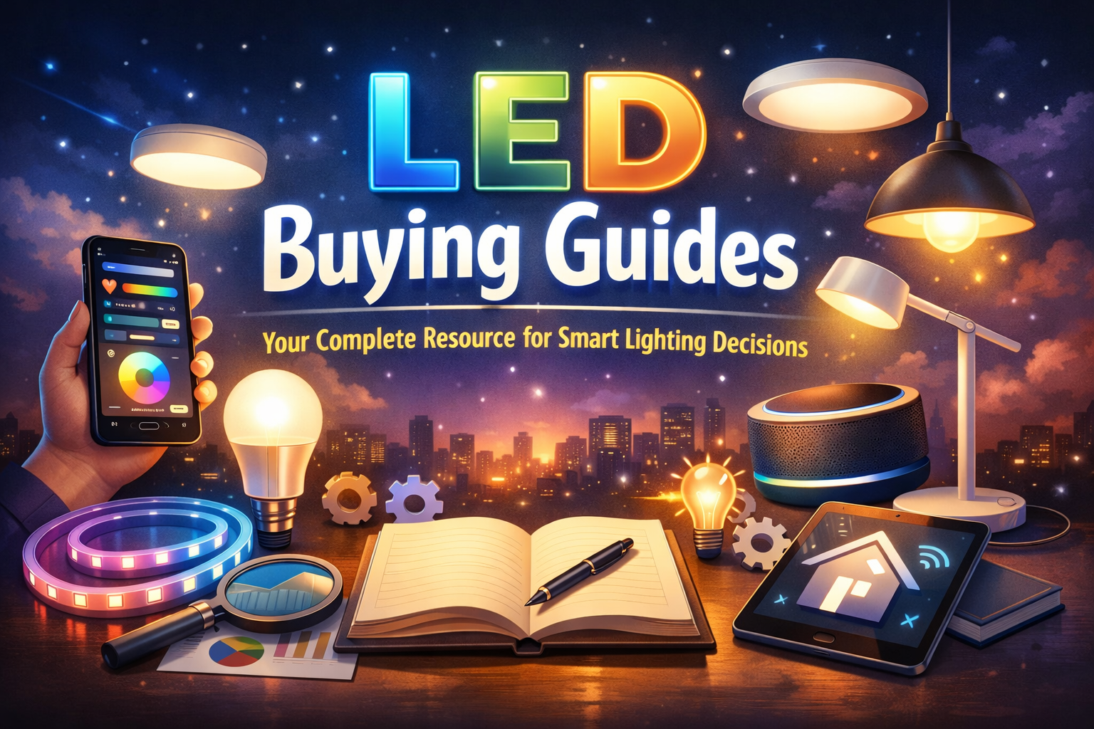Smart LED lighting buying guide illustration with smart bulbs and home automation devices