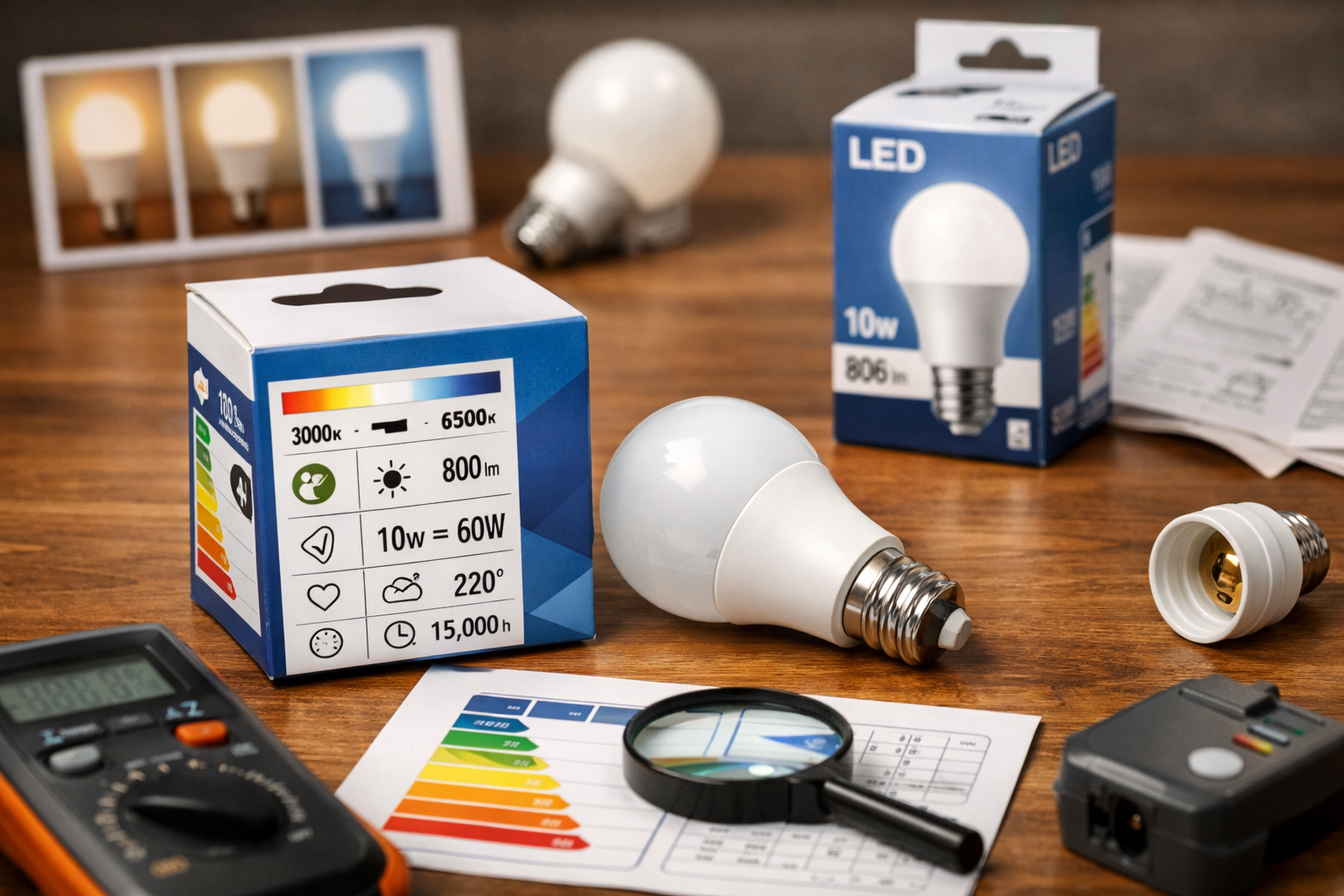 LED bulb packaging with efficiency labels and lighting specifications close-up, reading LED packaging