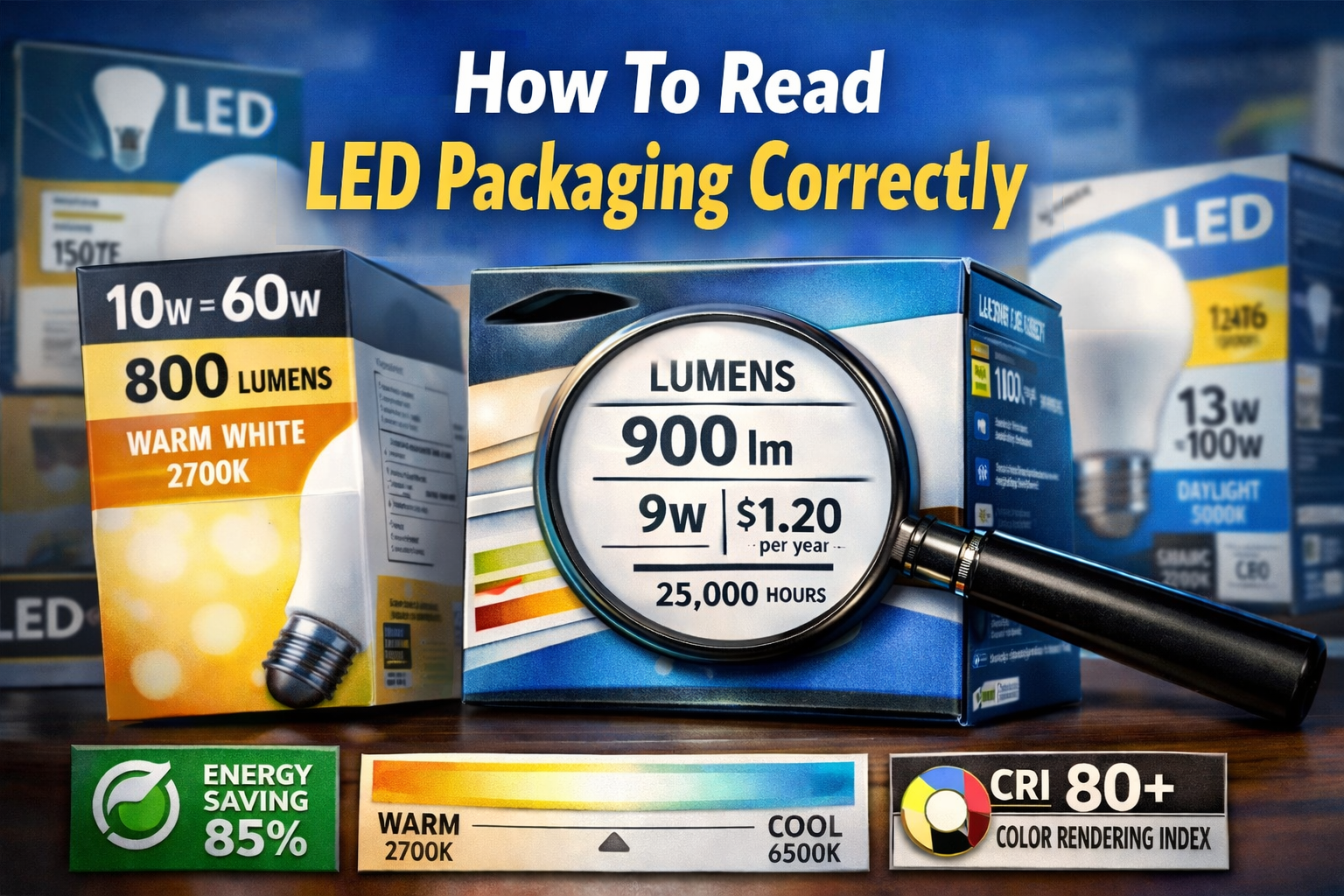 LED bulb packaging guide showing lumens, wattage and energy labels, reading led packaging