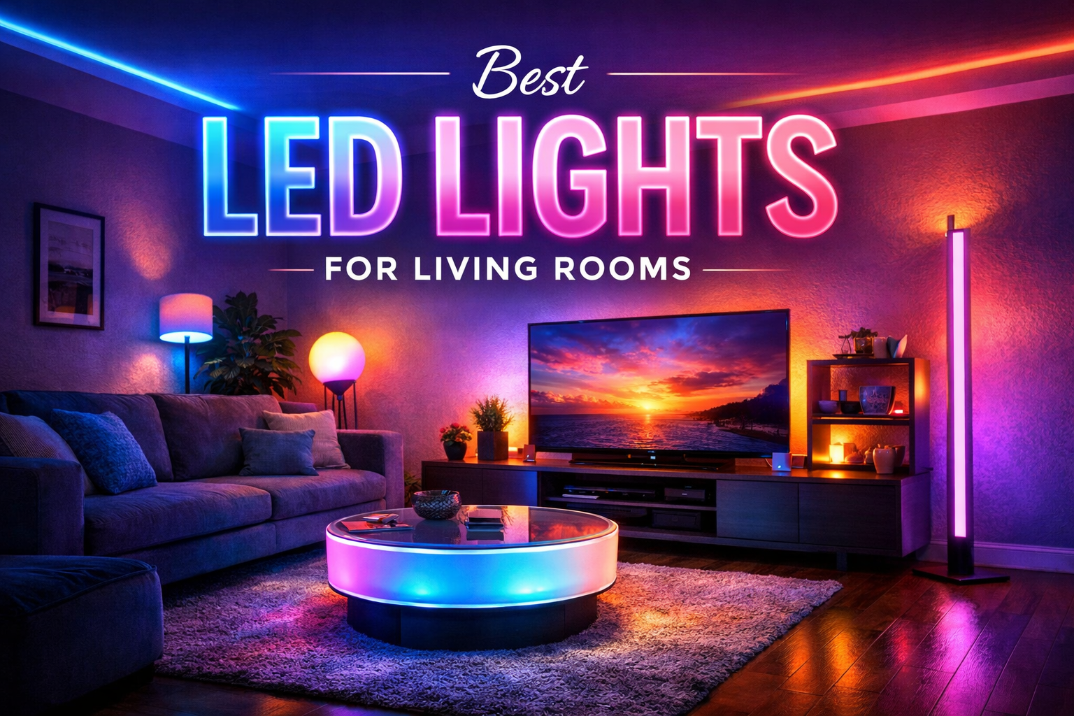 Modern living room with colorful LED lighting setup and ambient smart lights
