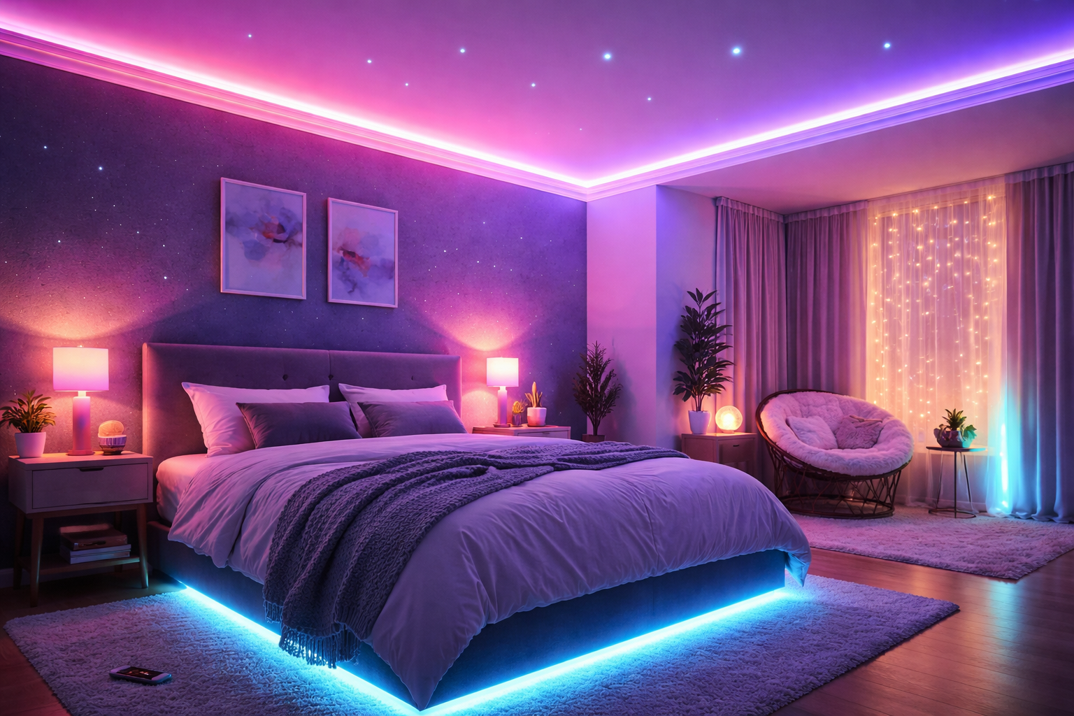 Best led lights for Modern bedroom with colorful LED ambient lighting and cozy bed setup for relaxing atmosphere