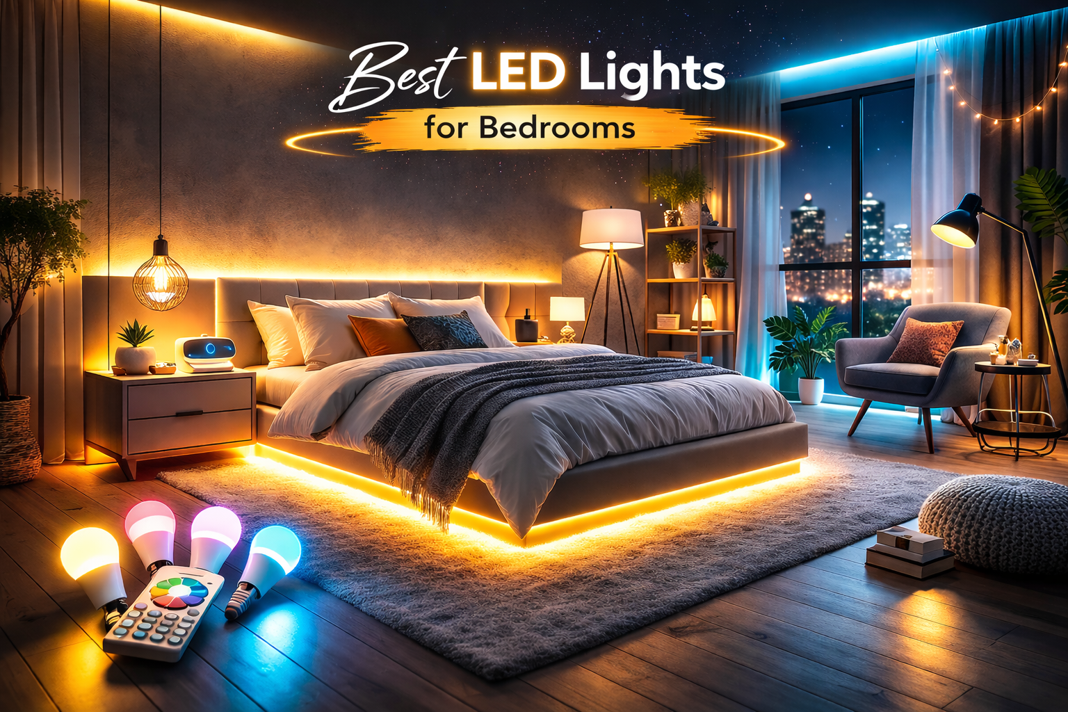 Best led lights for Modern bedroom with ambient LED lighting, warm and cool light strips creating a cozy nighttime atmosphere