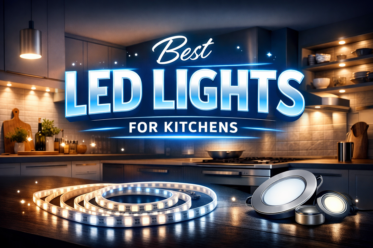 Best led lights for Modern kitchen with LED strip lights, recessed lighting and smart LED fixtures illuminating countertops and cabinets