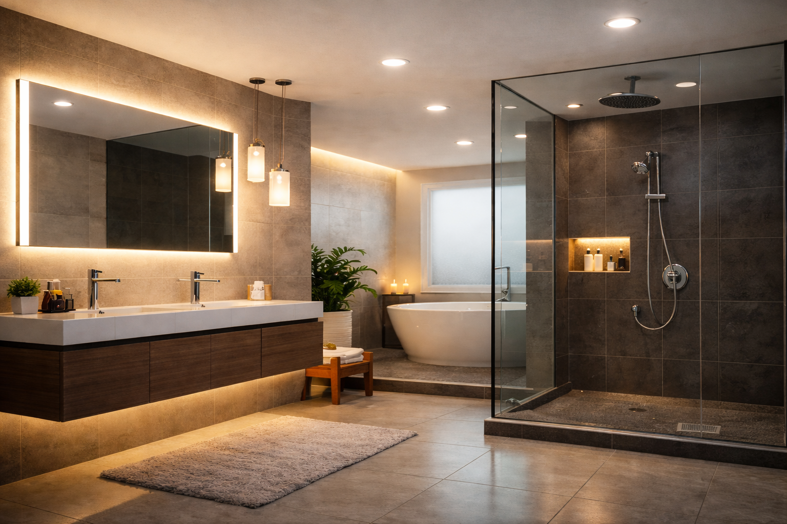 Best LED lights for Modern bathrooms with warm LED lighting, illuminated mirror, glass shower, and freestanding bathtub