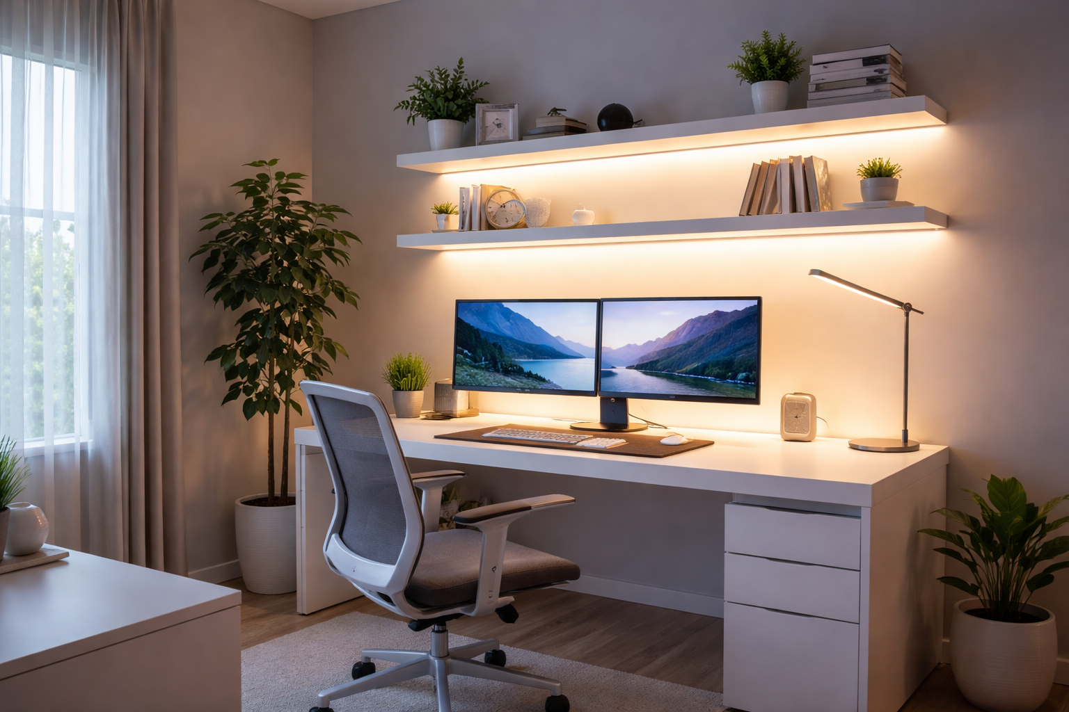 Best LED lights for Modern home offices workspace with LED desk lighting and ambient shelf illumination for productivity and eye comfort