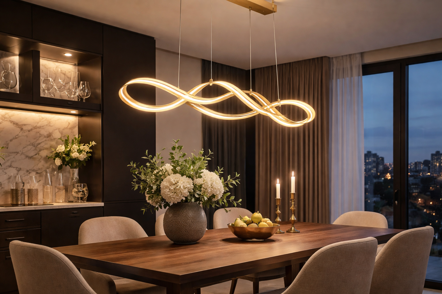 Best LED lights for Modern dinning rooms, LED chandelier lighting a stylish dining room table with warm ambient illumination