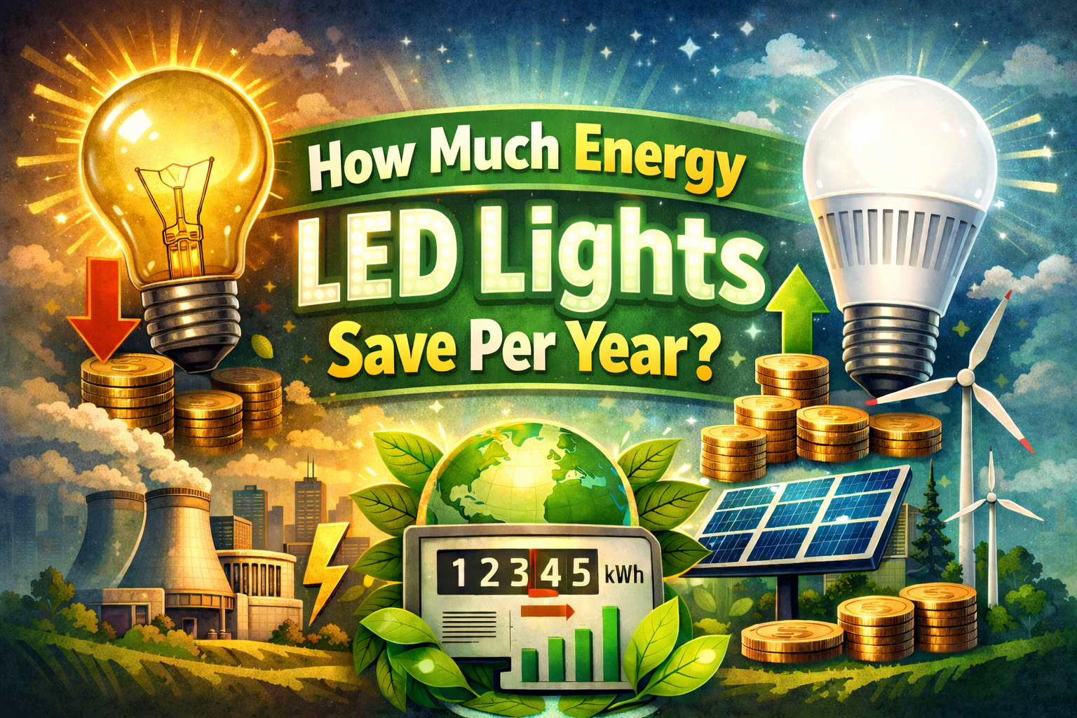 Energy savings, LED lights save per year comparison between LED and incandescent light bulbs showing yearly electricity cost reduction and efficiency benefits