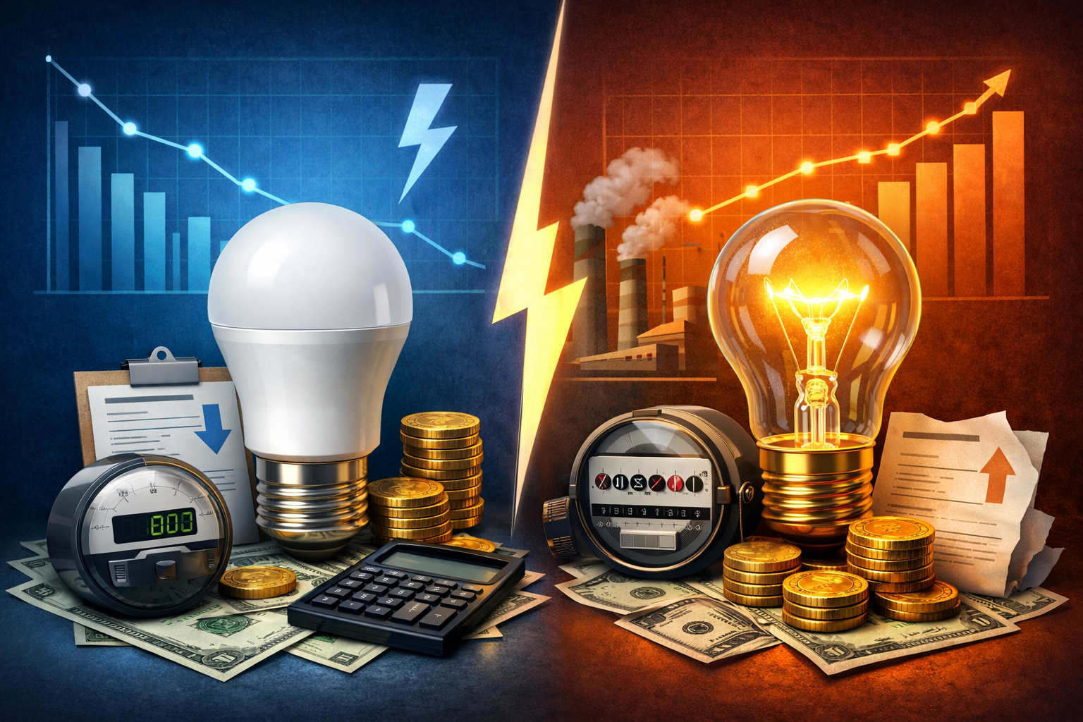 LED vs incandescent light bulb electricity cost comparison showing energy savings and higher power consumption concept