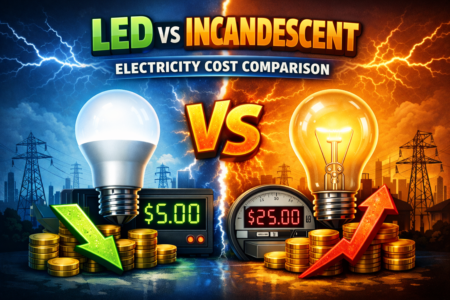 LED vs incandescent electricity cost comparison showing energy savings and power consumption difference between lighting technologies