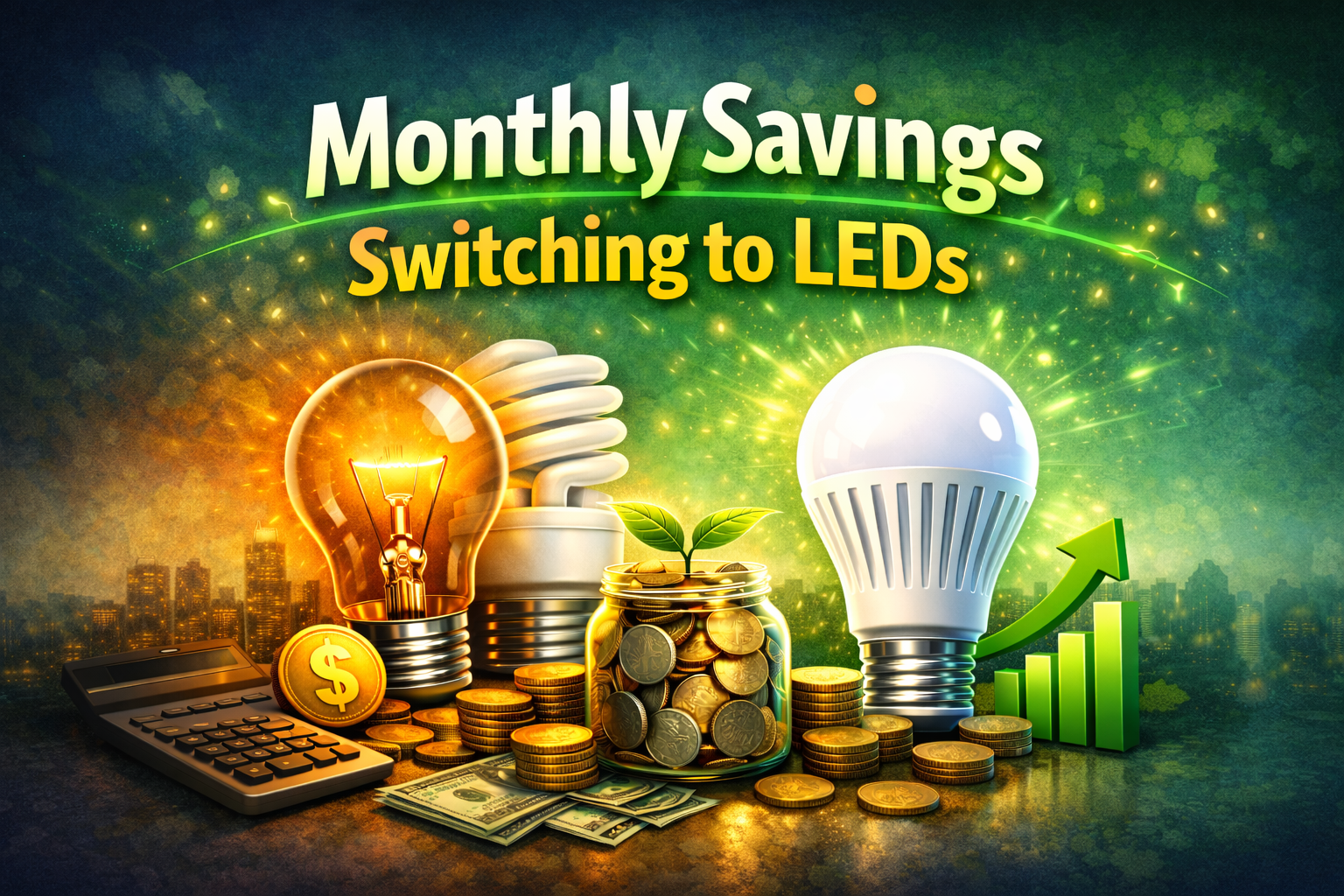 Monthly savings switching to LEDs lights cost comparison with energy-efficient LED bulb and money savings concept