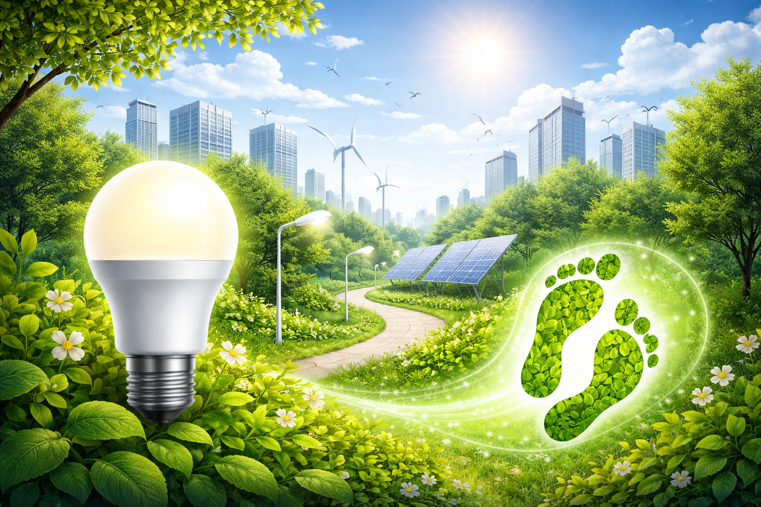 LED light and carbon footprint reduction with renewable energy and eco-friendly green city environment