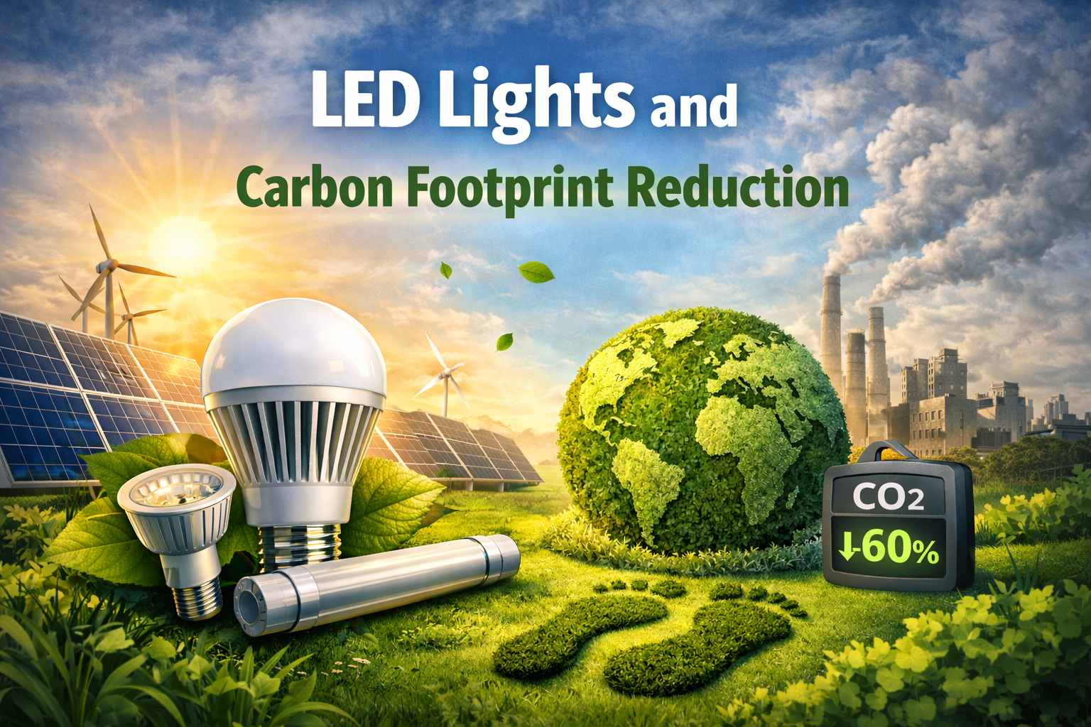 LED lights and carbon footprint with renewable energy and CO2 emission reduction concept illustration