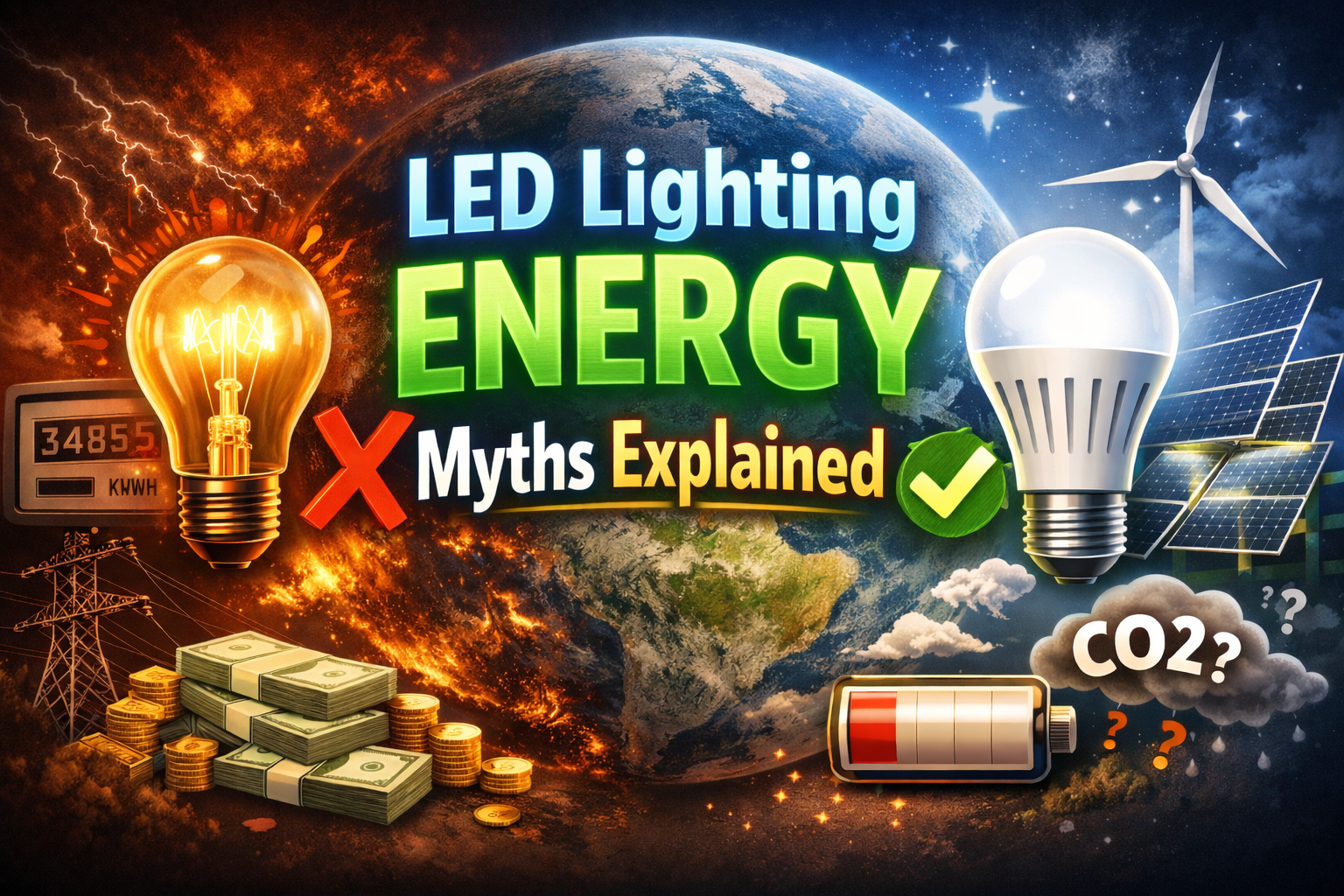 LED lighting energy myths explained comparison showing LED vs incandescent bulb energy efficiency and savings concept