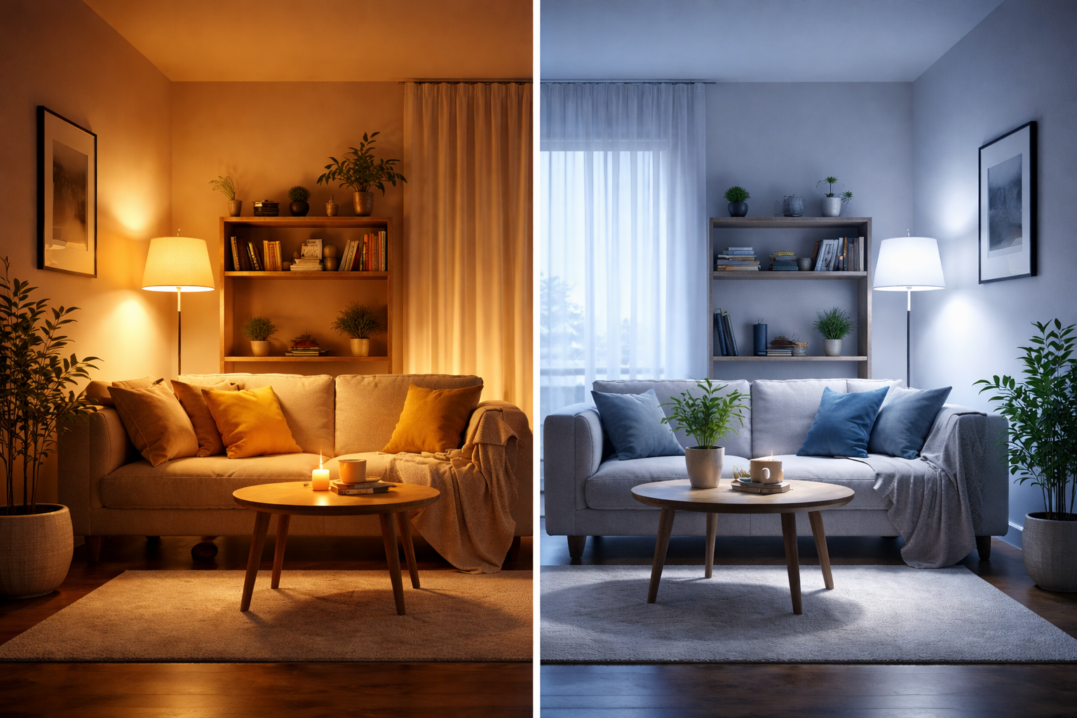 Warm light vs cool light living room comparison showing cozy warm lighting and bright cool LED illumination in modern interior design