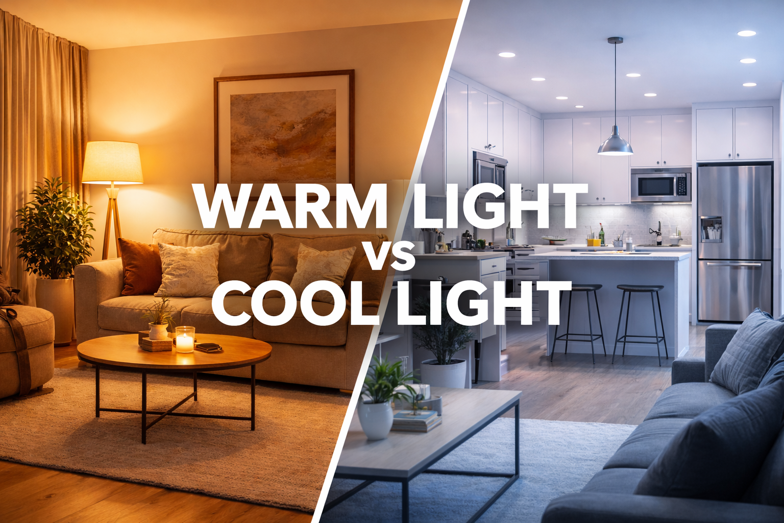 Warm vs cool light comparison showing cozy warm-lit living room and modern cool-lit home interior split side by side