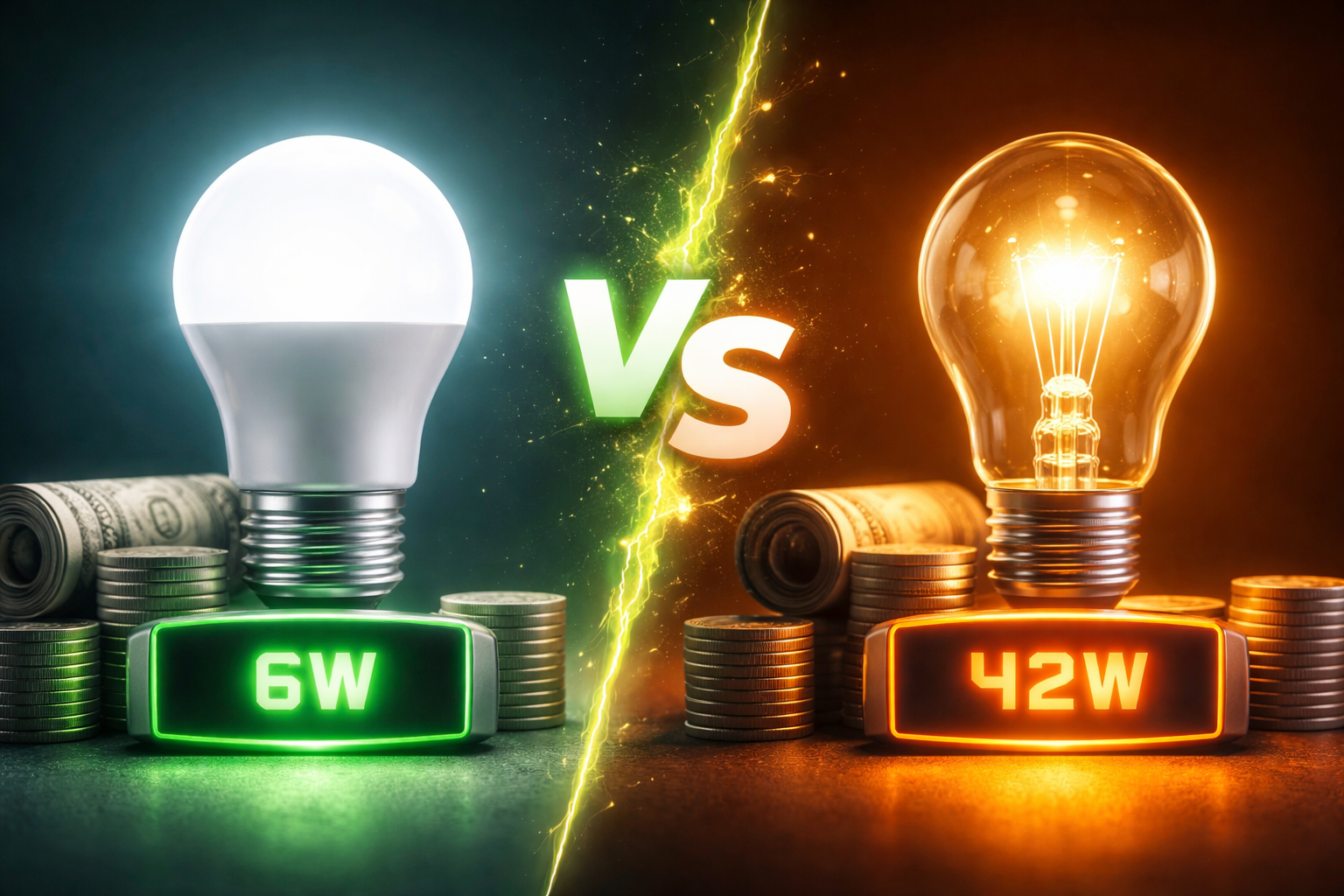 LED vs halogen bulb energy consumption comparison with efficiency and cost savings concept