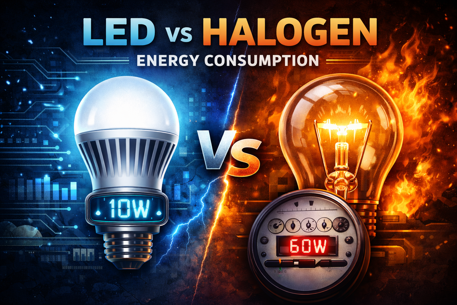 LED vs Halogen energy consumption comparison showing 10W LED bulb and 60W halogen bulb with power meter