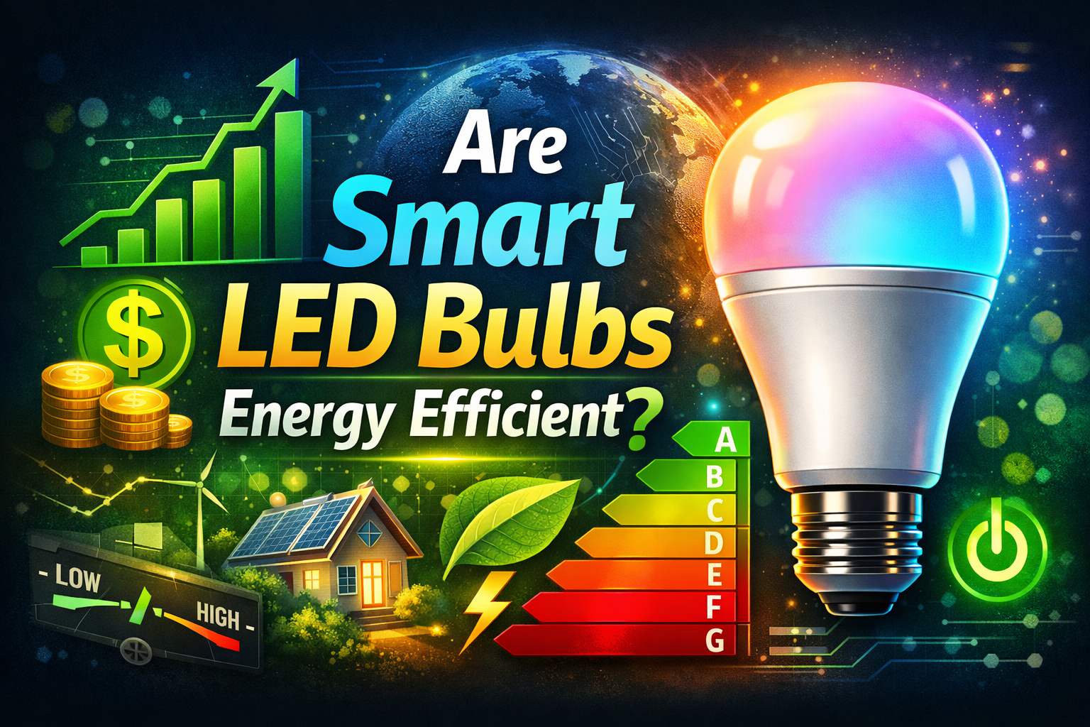 Smart LED bulbs energy efficient rating chart and savings icons