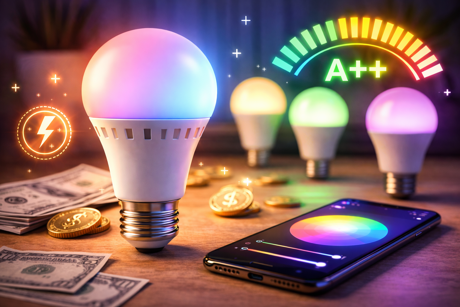 Smart LED bulbs with energy efficiency rating and smartphone control app