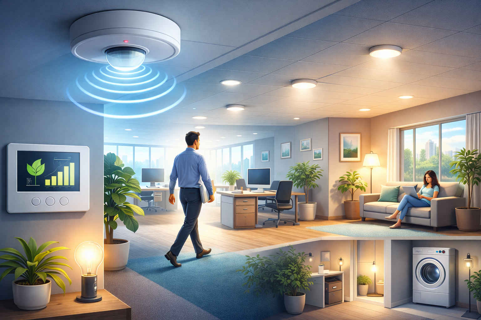 Smart motion sensor activating LED lighting for energy savings in modern home and office interior