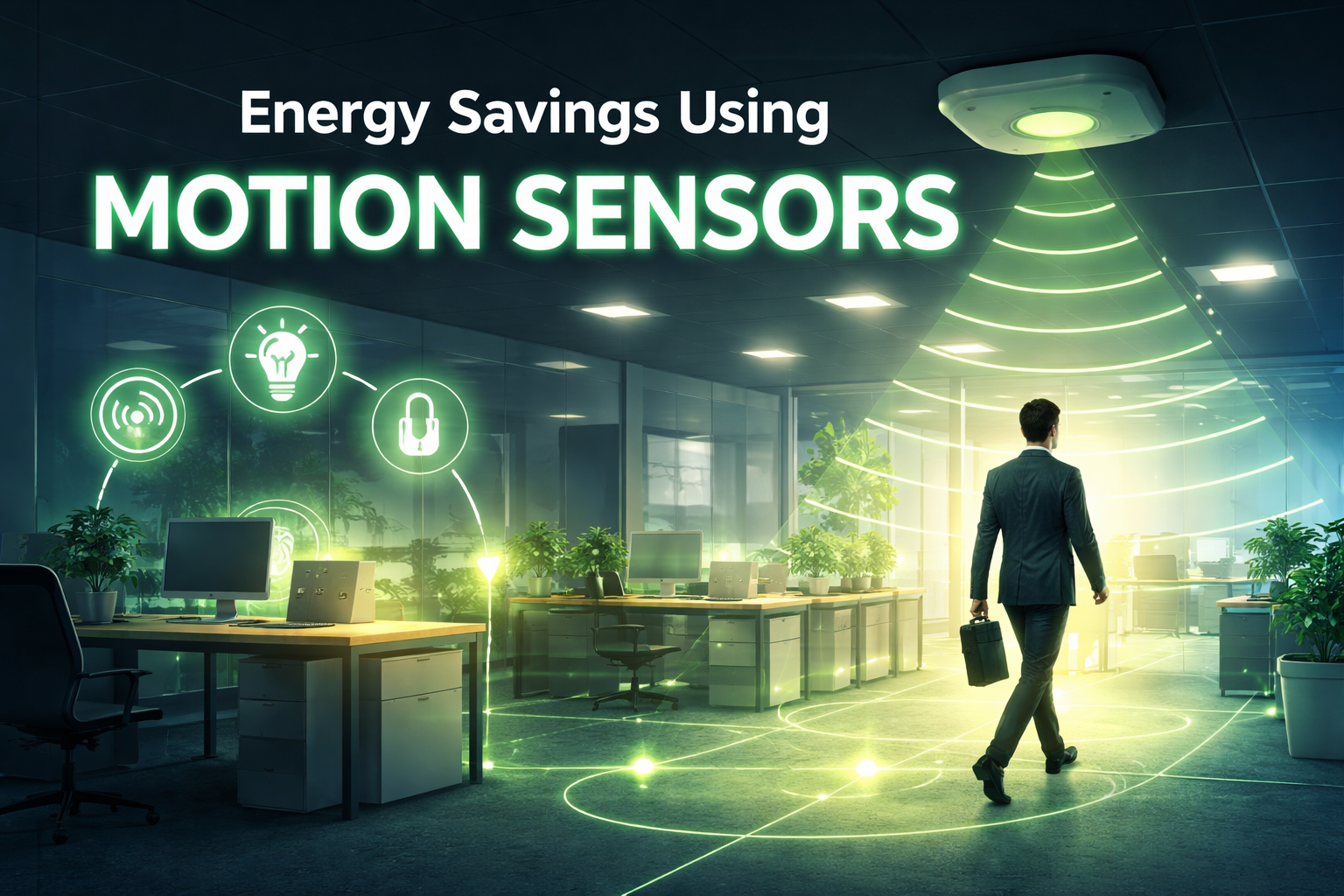 Energy savings using motion sensors lighting activating automatically in a modern office workspace.